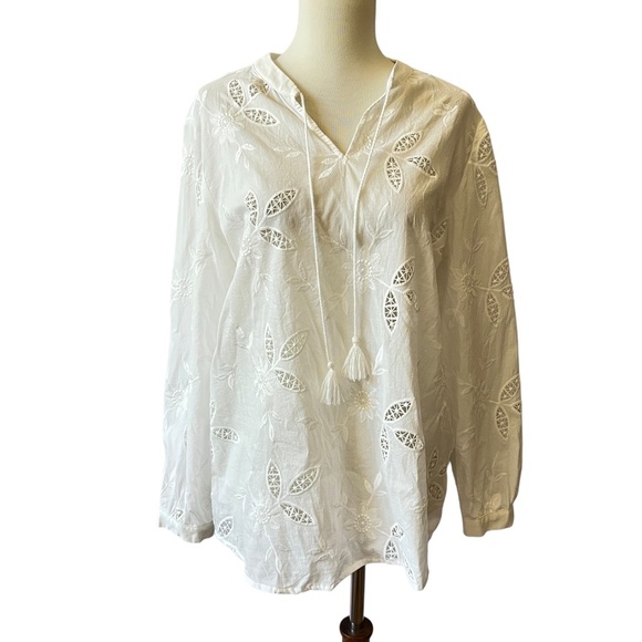 J MCLAUGHLIN TOP M FLORAL EYELET TASSEL BOHO COTTON COASTAL GRANDMA BREATHABLE - Picture 2 of 13